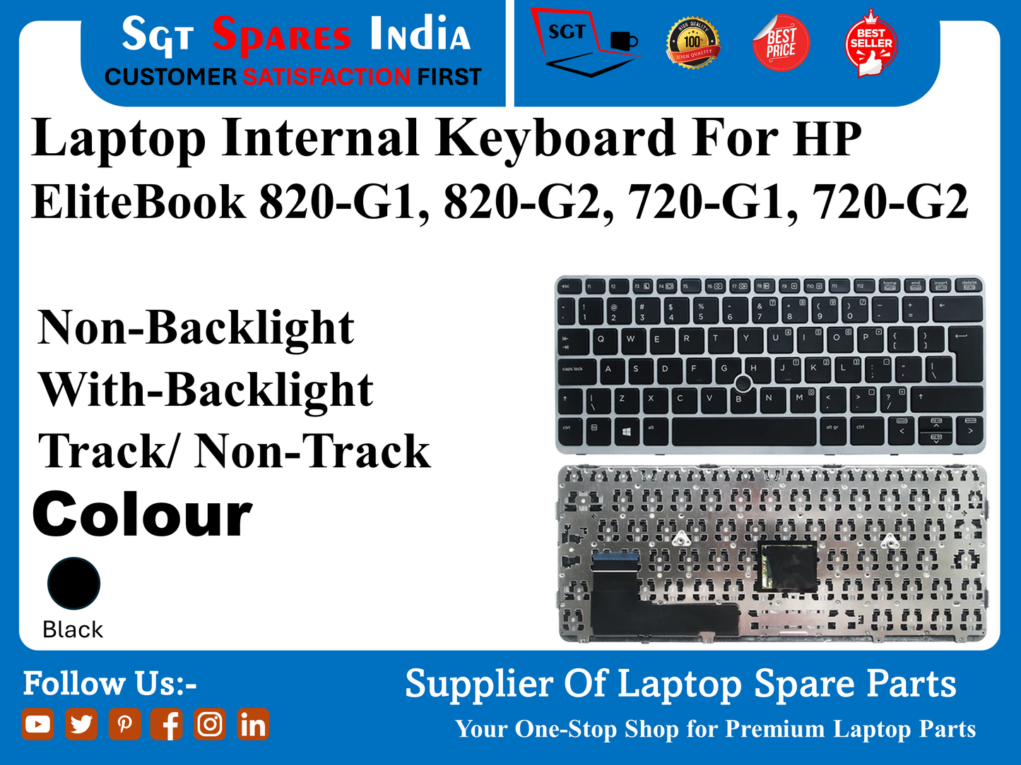 Laptop Internal Keyboard For HP EliteBook 820-G1, 820-G2, 720-G1, 720-G2 Non-Backlight With-Backlight Track/ Non-Track Colour Black