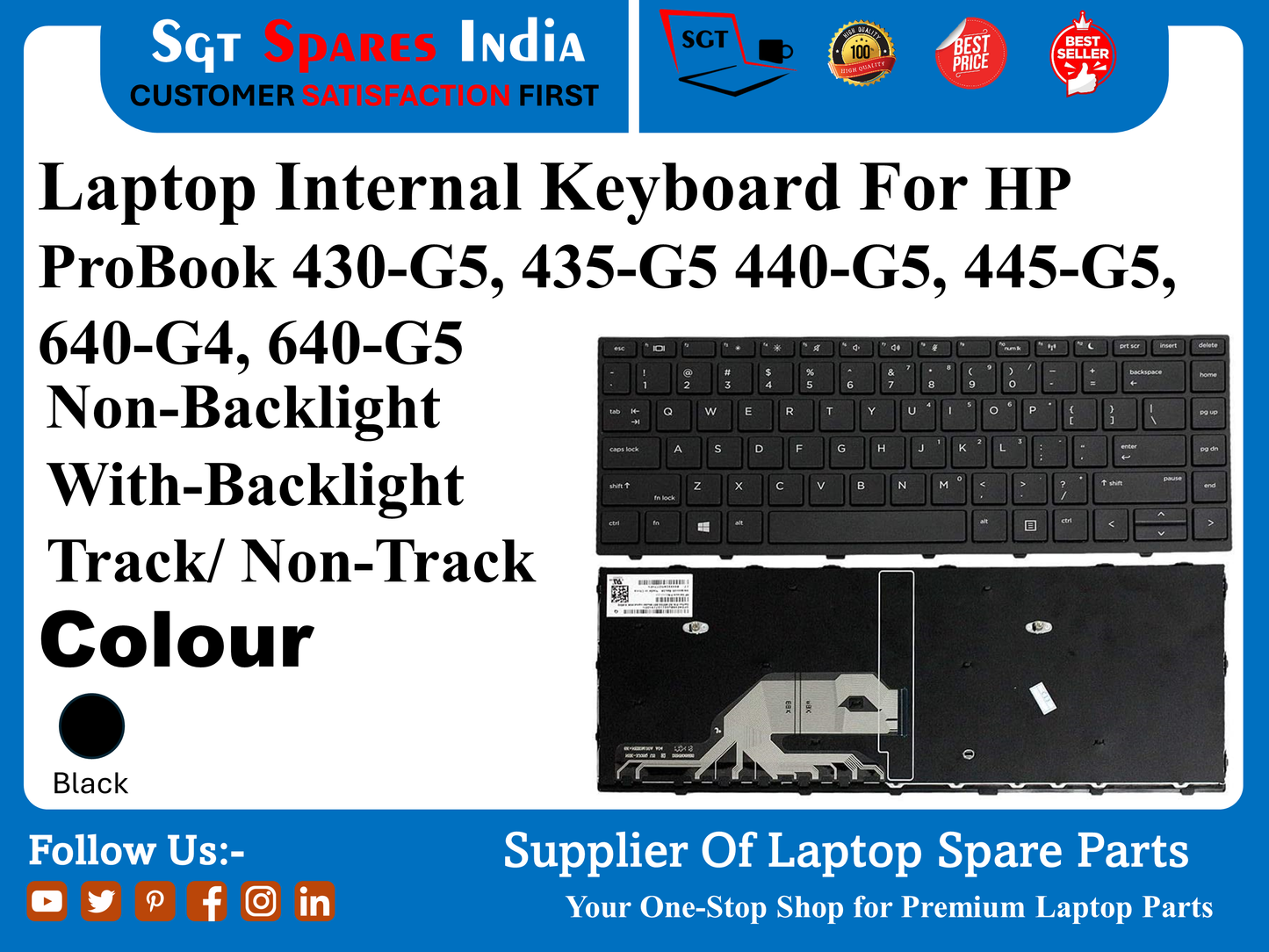 Laptop Internal Keyboard For HP ProBook 430-G5, 435-G5 440-G5, 445-G5, 640-G4, 640-G5 Non-Backlight With-Backlight Track/ Non-Track Colour Black