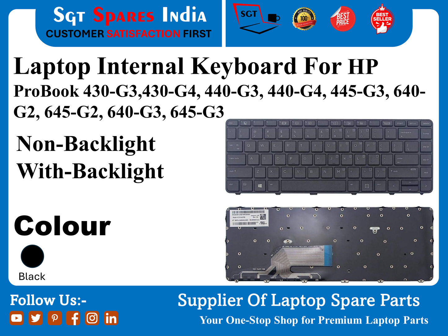 Laptop Internal Keyboard For HP ProBook 430-G3,430-G4, 440-G3, 440-G4, 445-G3, 640- G2, 645-G2, 640-G3, 645-G3 Non-Backlight With-Backlight Colour Black