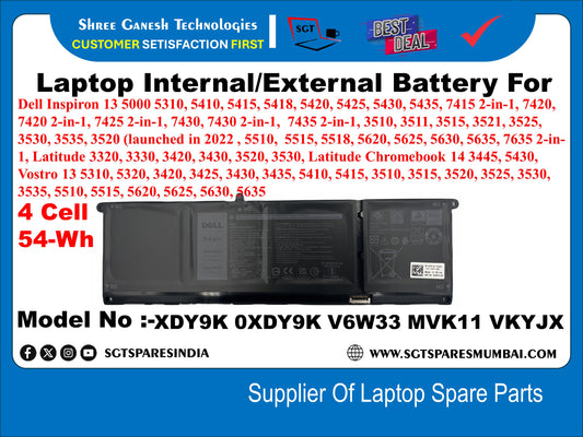 Laptop Internal Compatible Battery For Dell Inspiron 14 5410, 5410 2-in-1, 5415, 5418, 5430, 5435, 14 7415 2-in-1, 7420 2-in-1, 15 3510, 3511, 3515, 3521, 3525, 3530, 3535, 3520 4 Cell 54-Wh&nbsp; Model No :-XDY9K 0XDY9K V6W33 MVK11 VKYJX