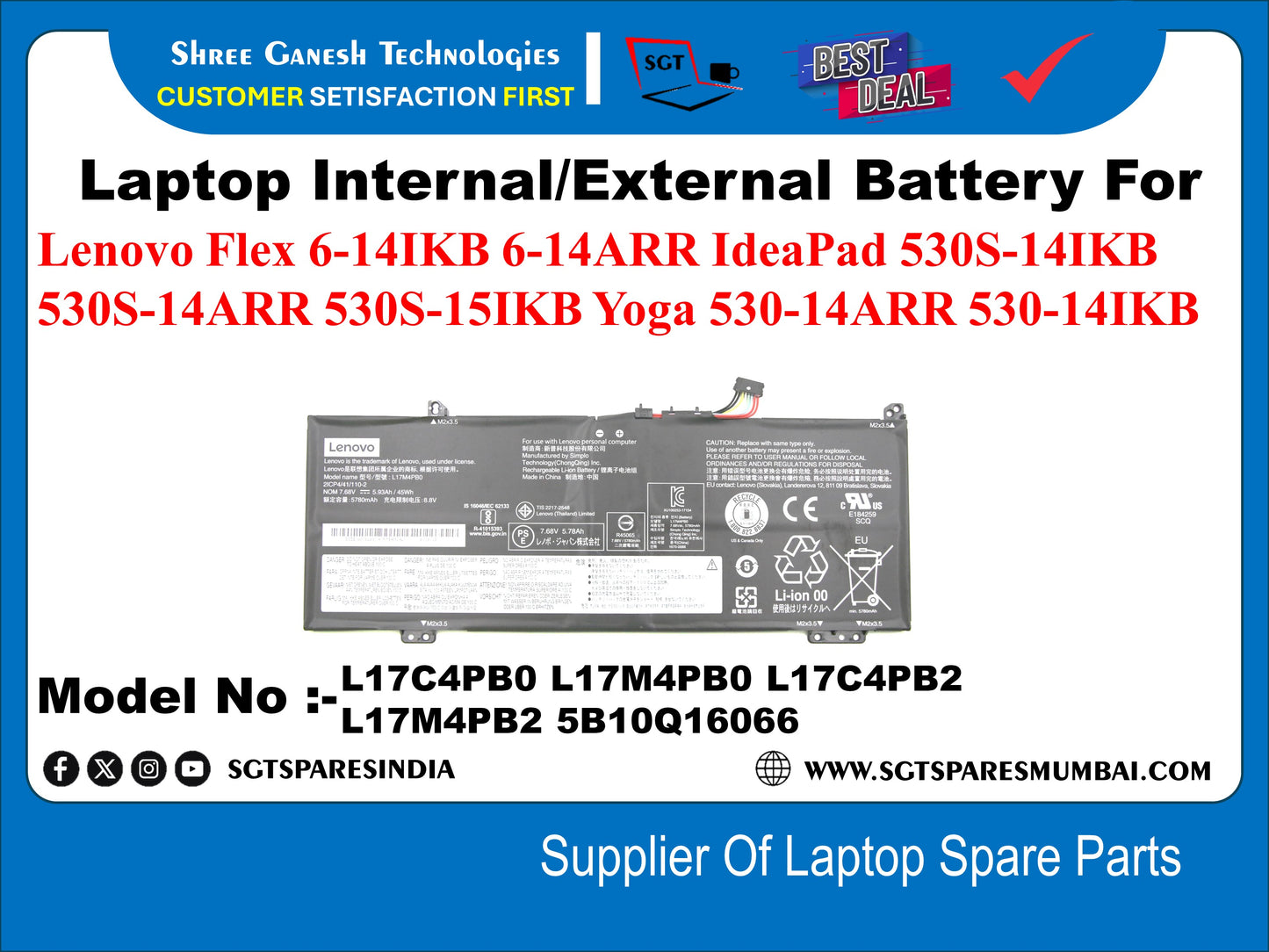 Laptop Internal Compatible Battery For Lenovo Flex 6-14IKB 6-14ARR IdeaPad 530S-14IKB 530S-14ARR 530S-15IKB Yoga 530-14ARR 530-14iKB&nbsp; Model No :-L17C4PB0 L17M4PB0 L17C4PB2 L17M4PB2 5B10Q16066