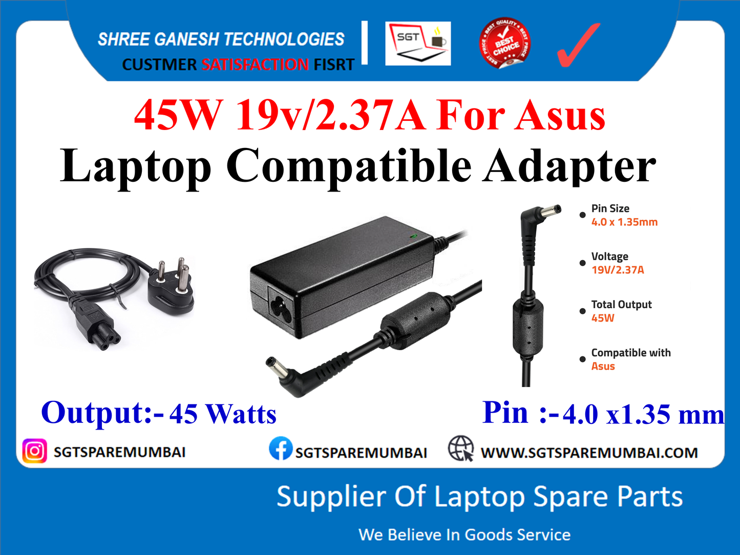 45W 19v/2.37A For Asus Laptop Compatible Adapter