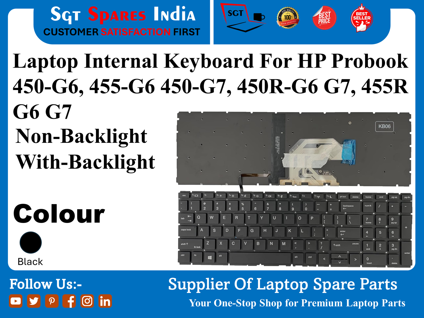 Laptop Internal Keyboard For HP Probook 450-G6, 455-G6 450-G7, 450R-G6 G7, 455R G6 G7 Non-Backlight With-Backlight Colour Black