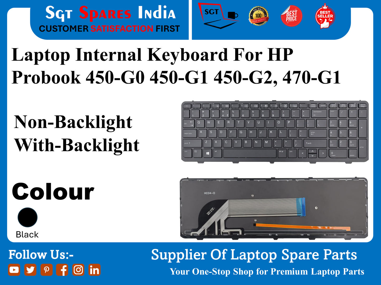 Laptop Internal Keyboard For HP Probook 450-GO 450-G1 450-G2, 470-G1 Non-Backlight With-Backlight Colour Black