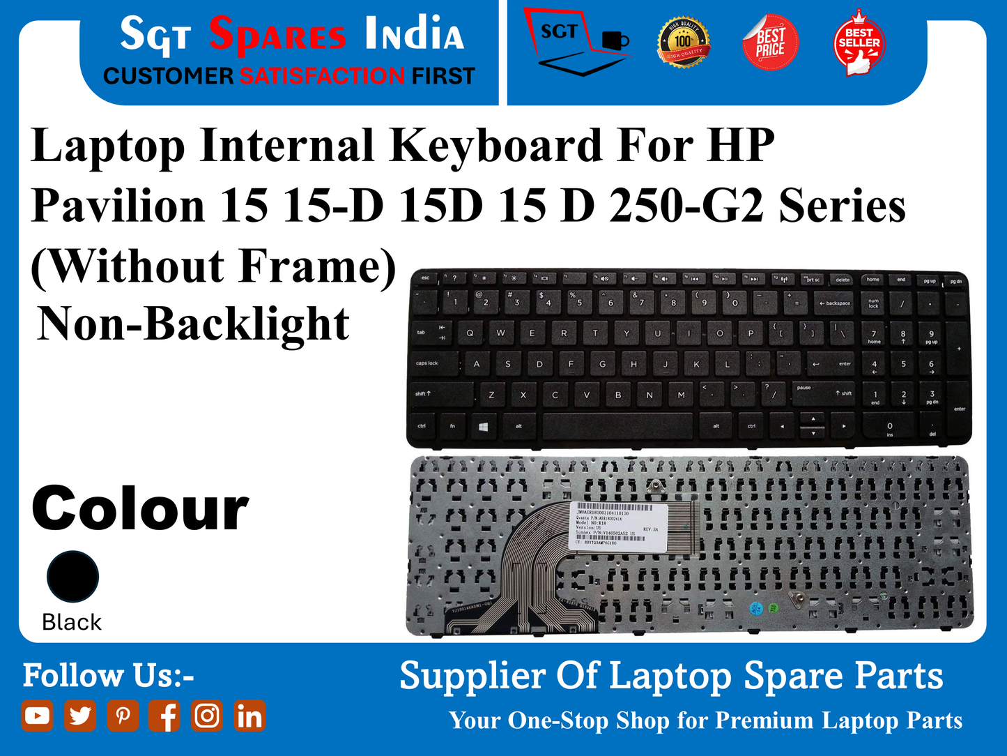 Laptop Internal Keyboard For HP Pavilion 15 15-D 15D 15 D 250-G2 Series (Without Frame) Non-Backlight Colour Black