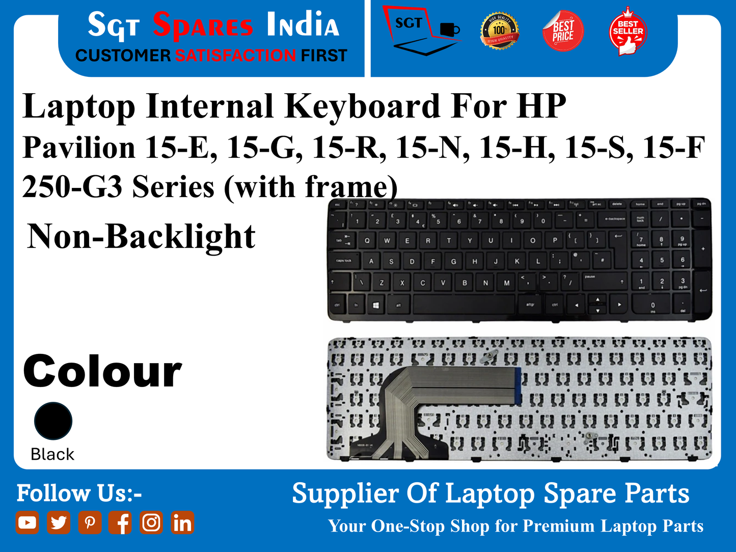 Laptop Internal Keyboard For HP Pavilion 15-E, 15-G, 15-R, 15-N, 15-H, 15-S, 15-F 250-G3 Series (with frame) Non-Backlight Colour Black