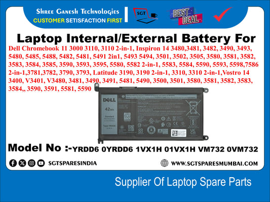 Laptop Internal Compatible Battery For Dell  nspiron 14 3480,3481, 3482, 3490, 3493, 5480, 5485, 5488, 5482, 5481, 5491 2in1, 5493 5494, 3501, 3502 42wh Model No :-YRDD6 0YRDD6 1VX1H 01VX1H VM732 OVM732