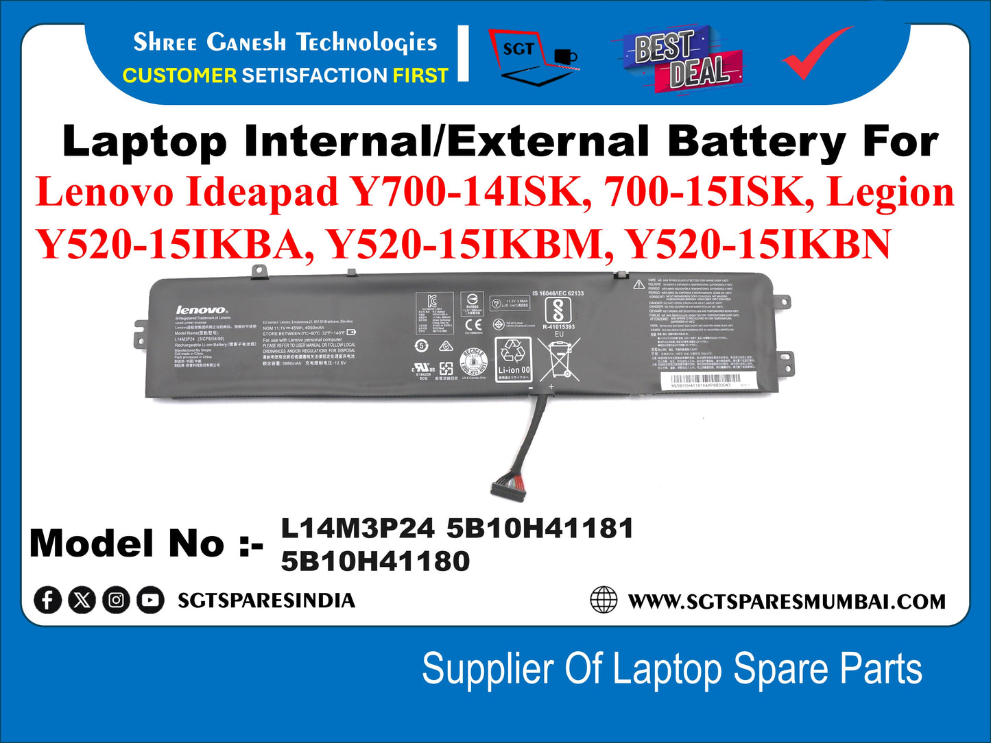 Laptop Internal Compatible Battery For Lenovo Ideapad Y700-14ISK, 700-15ISK, Legion Y520-15iKBA, Y520-15IKBM, Y520-15IKBN Model No :- L14M3P24 5B10H41181 5B10H41180