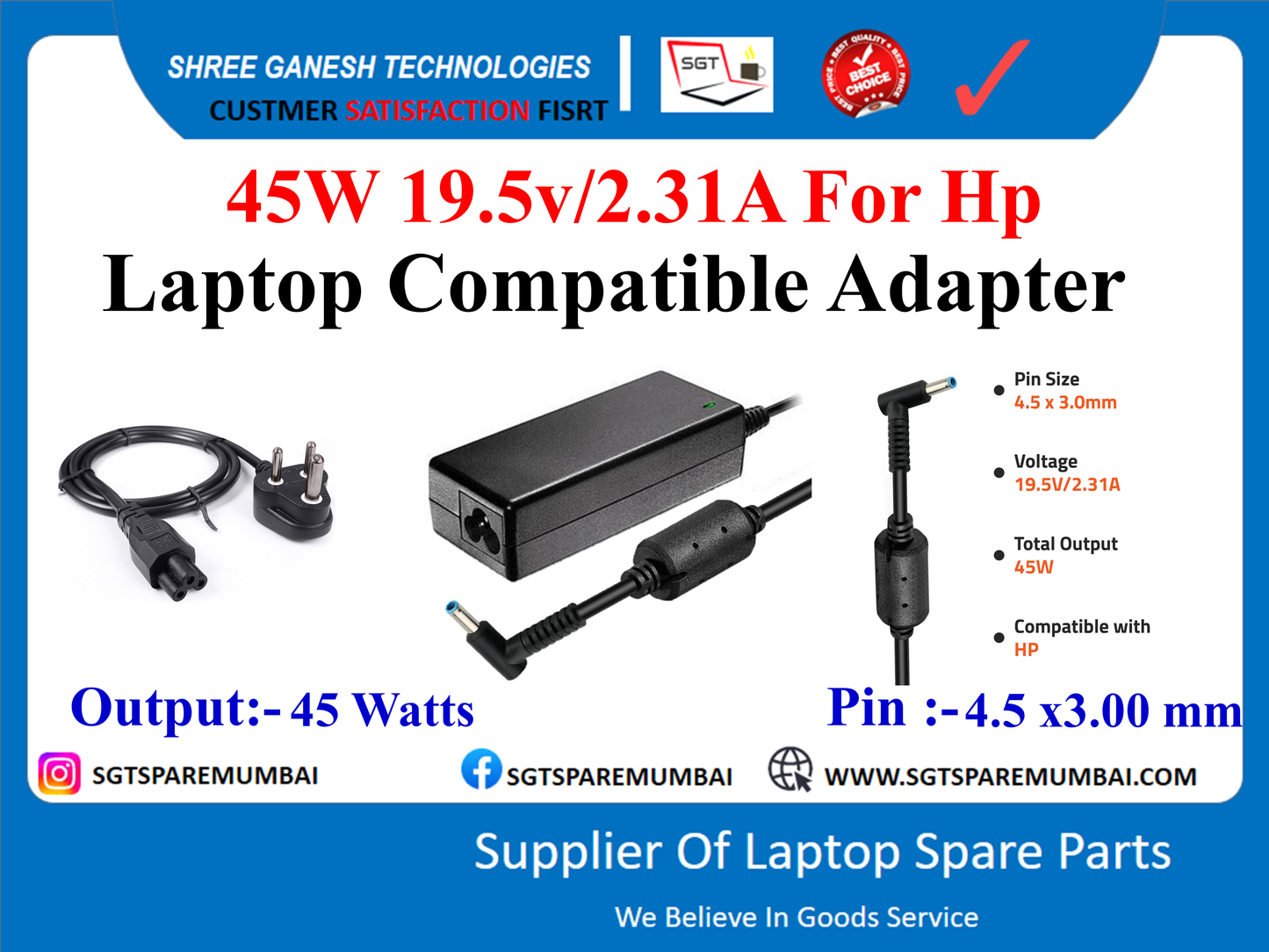 45W 19.5v/2.31A For Hp Laptop Compatible Adapter