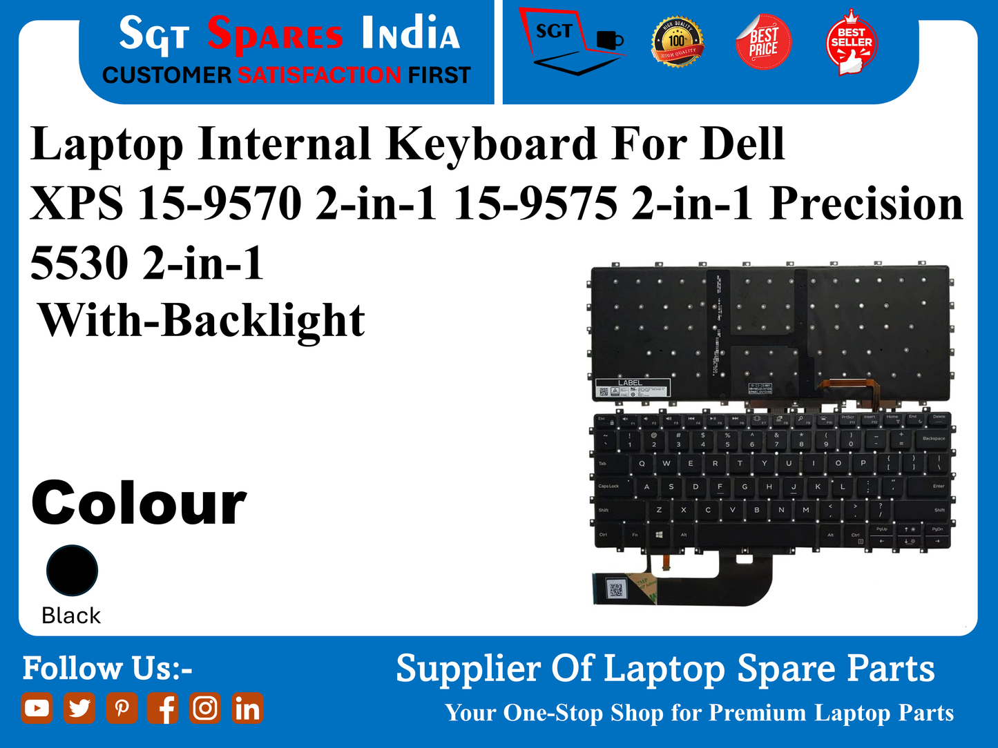 Laptop Internal Keyboard For Dell XPS 15-9570 2-in-1 15-9575 2-in-1 Precision 5530 2-in-1 With-Backlight Colour Black