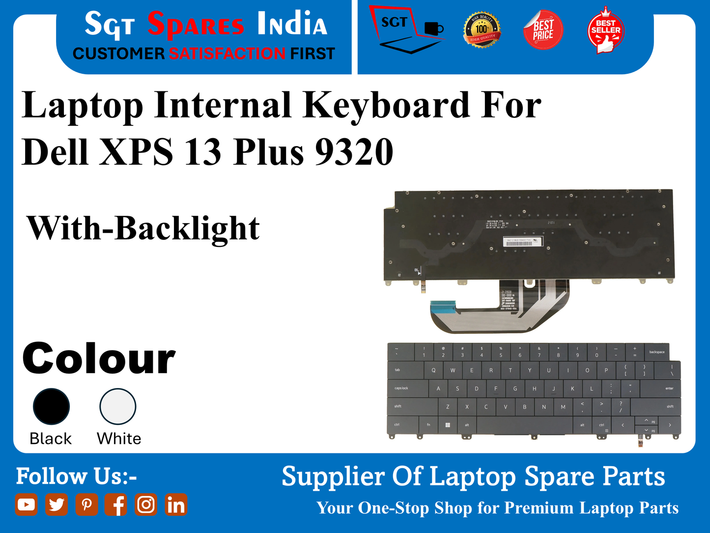 Laptop Internal Keyboard For Dell XPS 13 Plus 9320 With-Backlight Colour Black White