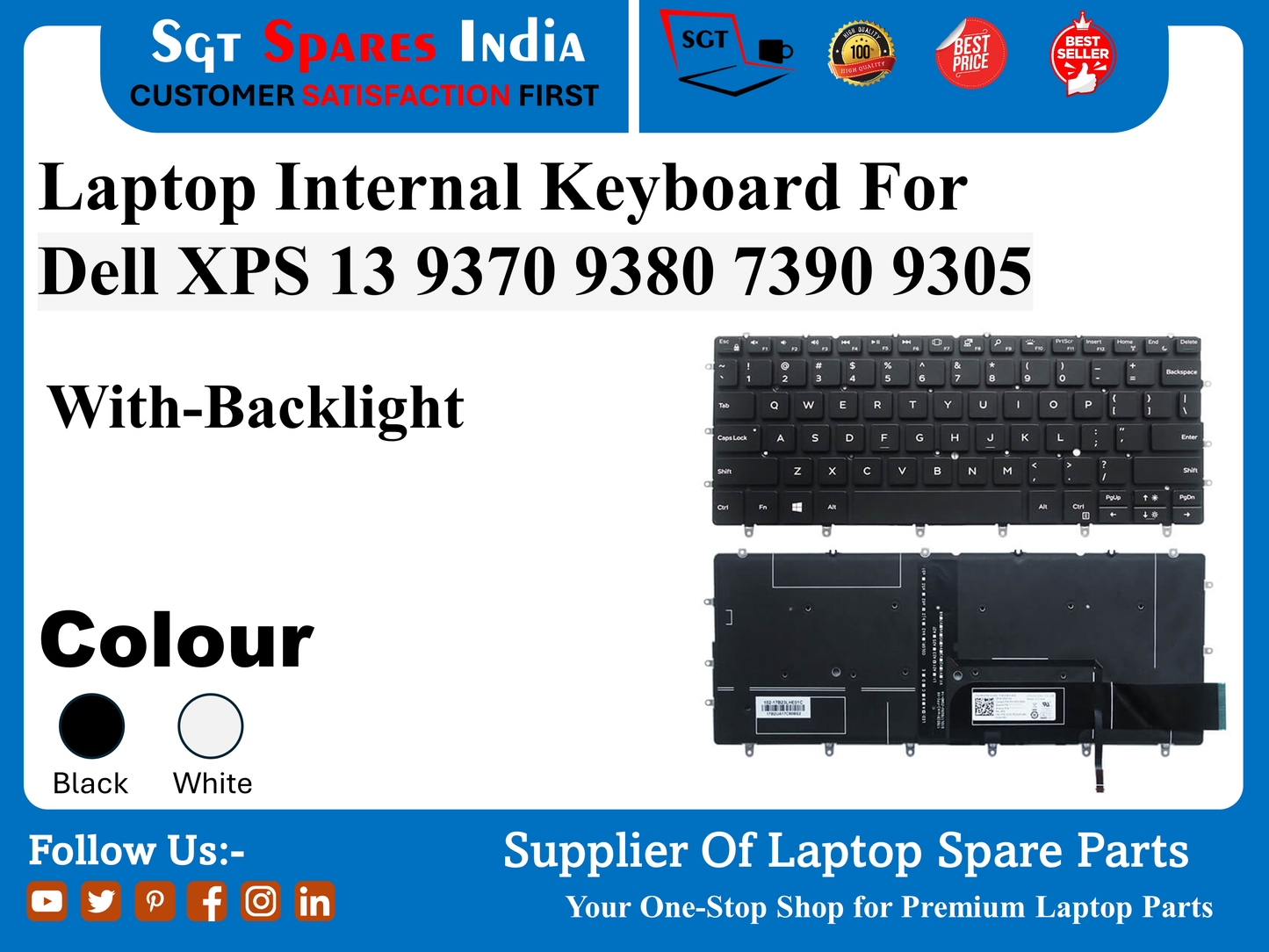 Laptop Internal Keyboard For Dell XPS 13 9370 9380 7390 9305 With-Backlight Colour Black White