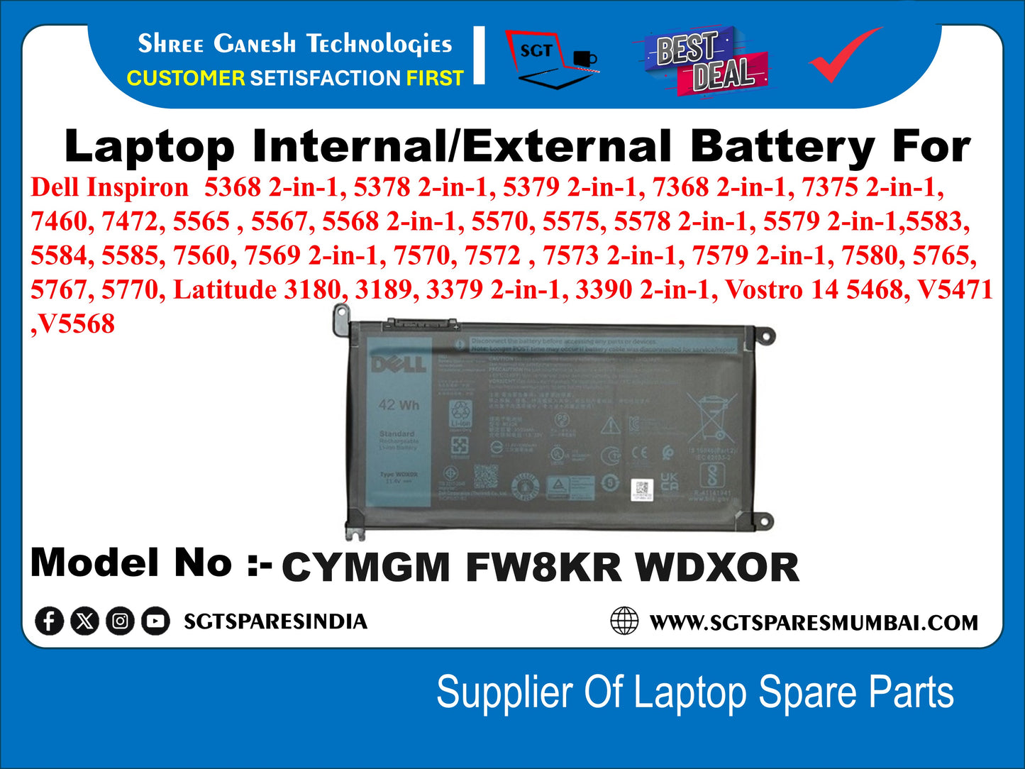 Laptop Internal orignal Battery For Dell Inspiron 5368 2-in-1, 5378 2-in-1, 5379 2-in-1, 7368 2-in-1, 7375 2-in-1, 7460, 7472, 5565, 5567, 5568 Model No :- CYMGM FW8KR WDXOR