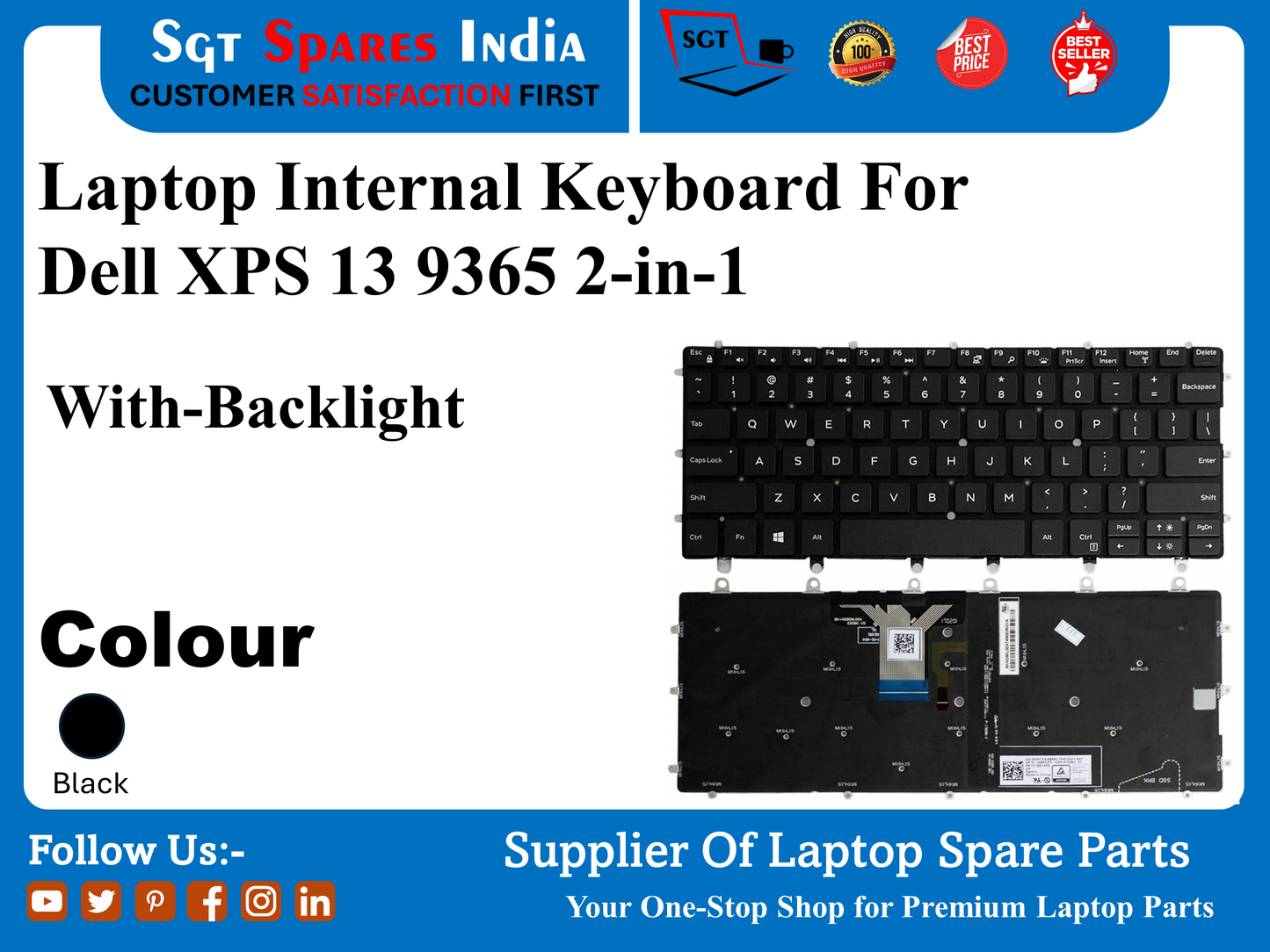 Laptop Internal Keyboard For Dell XPS 13 9365 2-in-1 With-Backlight Colour Black