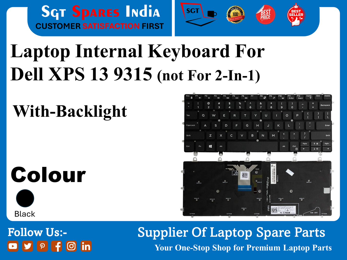 Laptop Internal Keyboard For Dell XPS 13 9315 (not For 2-In-1) With-Backlight Colour Black