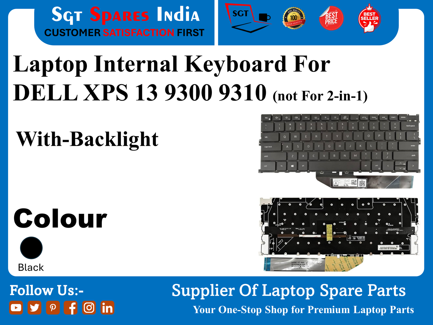 Laptop Internal Keyboard For DELL XPS 13 9300 9310 (not For 2-in-1) With-Backlight Colour Black