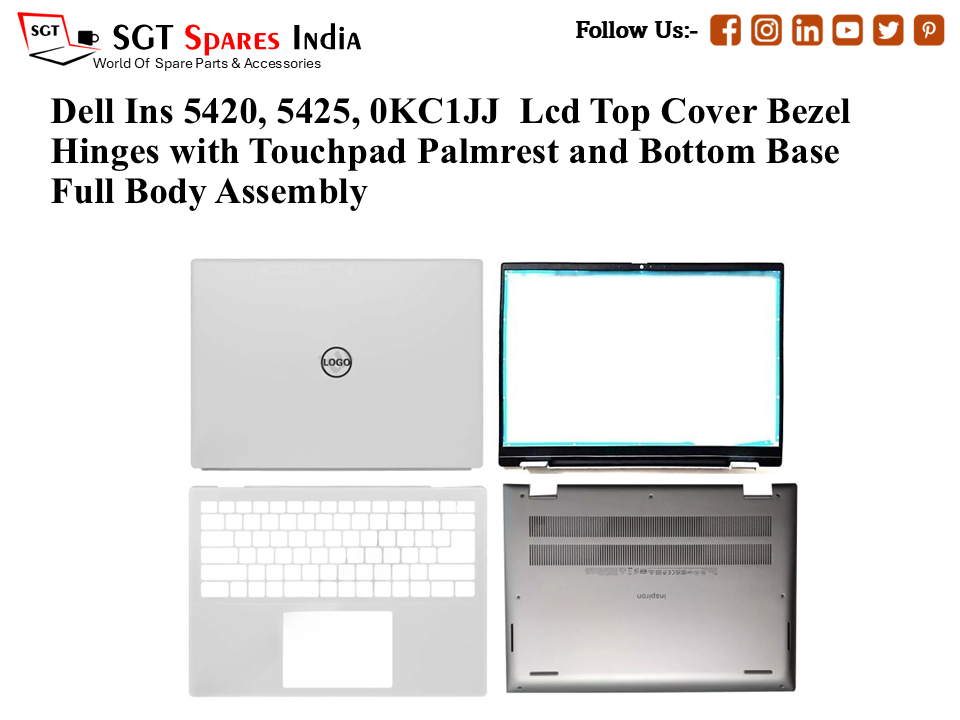 Dell Ins 5420/5425, 0KC1JJ Laptop Lcd Top Cover Bezel Hinges with Touchpad Palmrest and Bottom Base Full Body Assembly