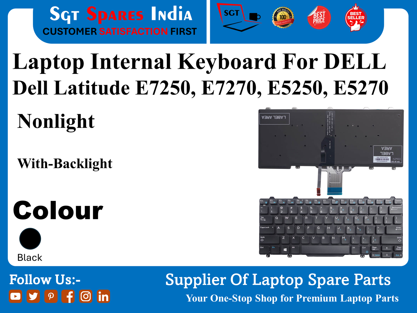 Laptop Internal Keyboard For DELL Dell Latitude E7250, E7270, E5250, E5270 Nonlight With-Backlight Colour Black