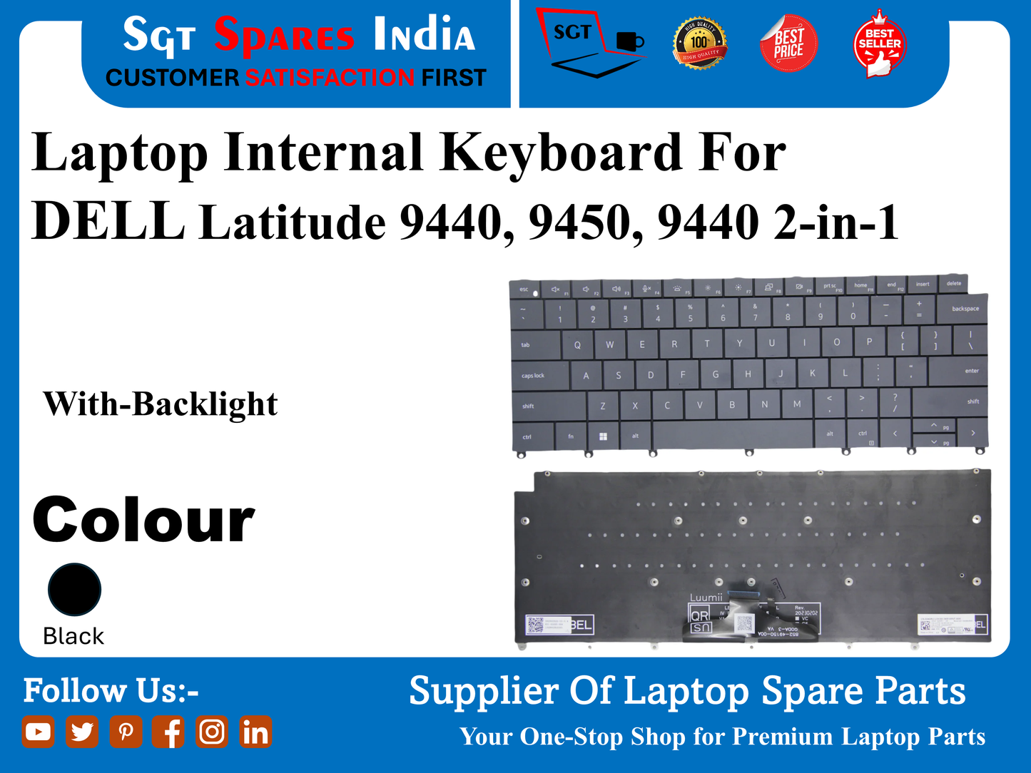 Laptop Internal Keyboard For DELL Latitude 9440, 9450, 9440 2-in-1 With-Backlight Colour Black