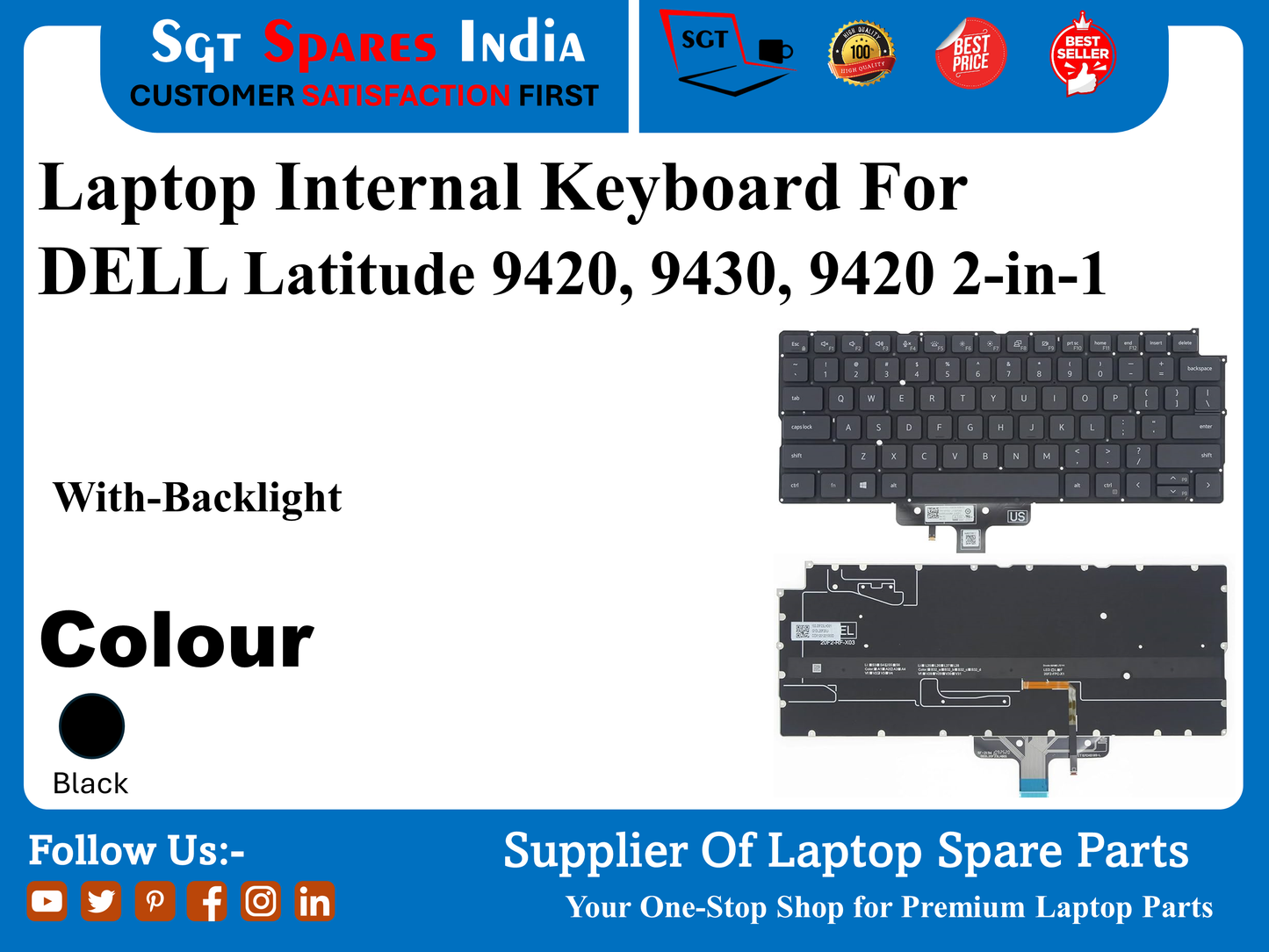 Laptop Internal Keyboard For DELL Latitude 9420, 9430, 9420 2-in-1 With-Backlight Colour Black