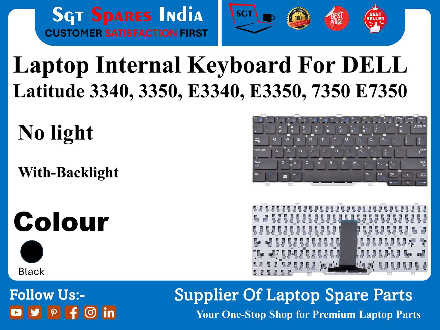 Laptop Internal Keyboard For DELL Latitude 3340, 3350, E3340, E3350, 7350 E7350 No light With-Backlight Colour Black