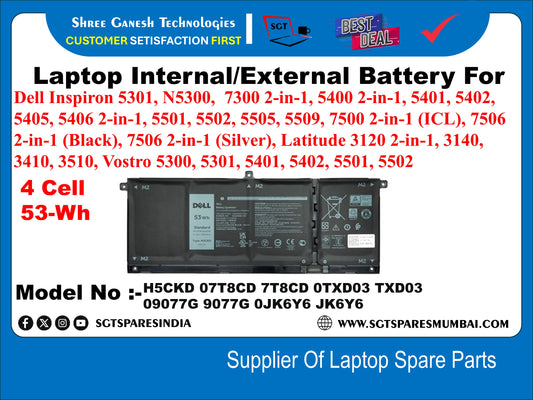 Laptop Internal Compatible Battery For Dell Inspiron 5301, N5300, 7300 2-in-1, 5400 2-in-1, 5401, 5402, 5405, 5406 2-in-1, 5501, 5502,7500 2-in-1 (ICL), 7506 2-in-1  Latitude 3410, 3510, Model No : HSCKD 078CD 7T8CD OTXD03 TXD03 09077G 9077G 0JK676 JK676