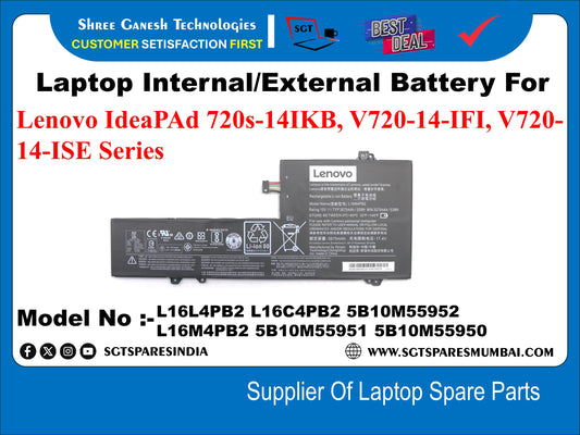 Laptop Internal Compatible Battery For Lenovo IdeaPAd 720s-14IKB, V720-14-IFI, V720- 14-ISE Series&nbsp; Model No : -L16L4PB2 L16C4PB2 5B10M55952 L16M4PB2 5B10M55951 5B10M55950