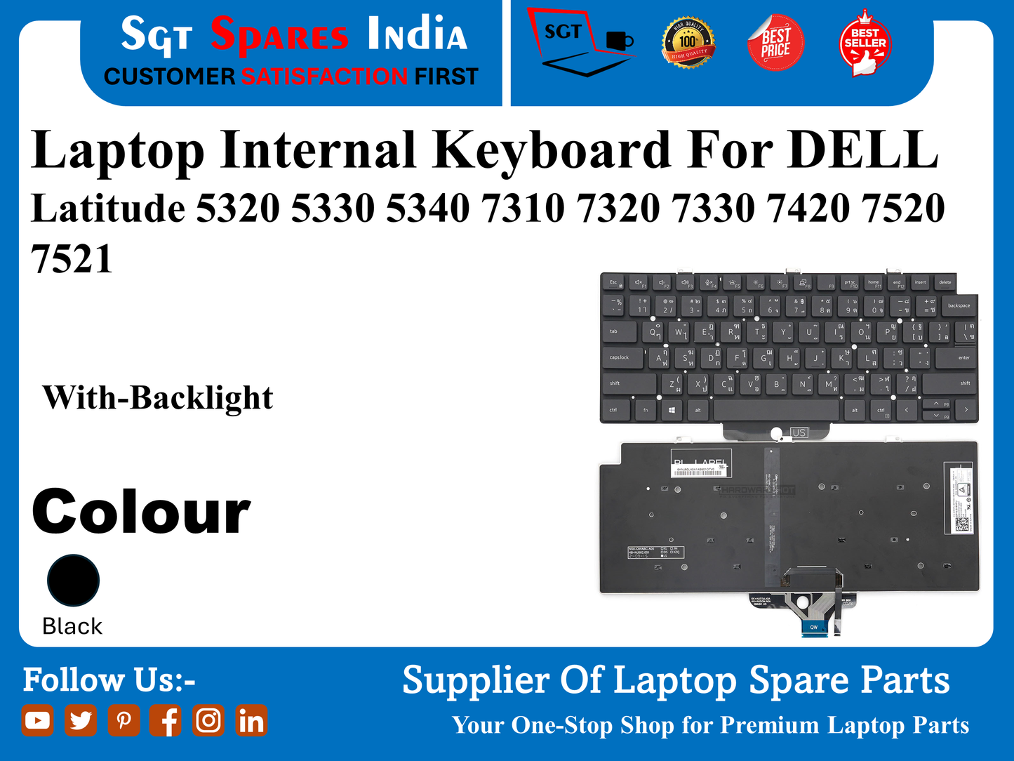 Laptop Internal Keyboard For DELL Latitude 5320 5330 5340 7310 7320 7330 7420 7520 7521 With-Backlight Colour Black