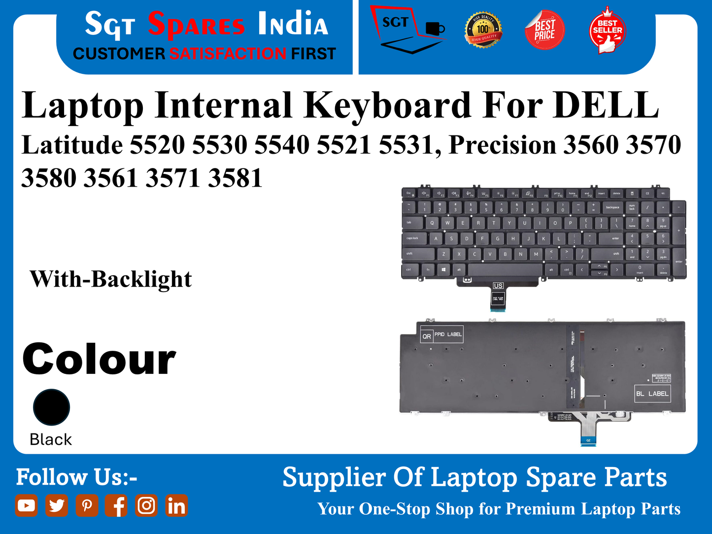 Laptop Internal Keyboard For DELL Latitude 5520 5530 5540 5521 5531, Precision 3560 3570 3580 3561 3571 3581 With-Backlight Colour Black