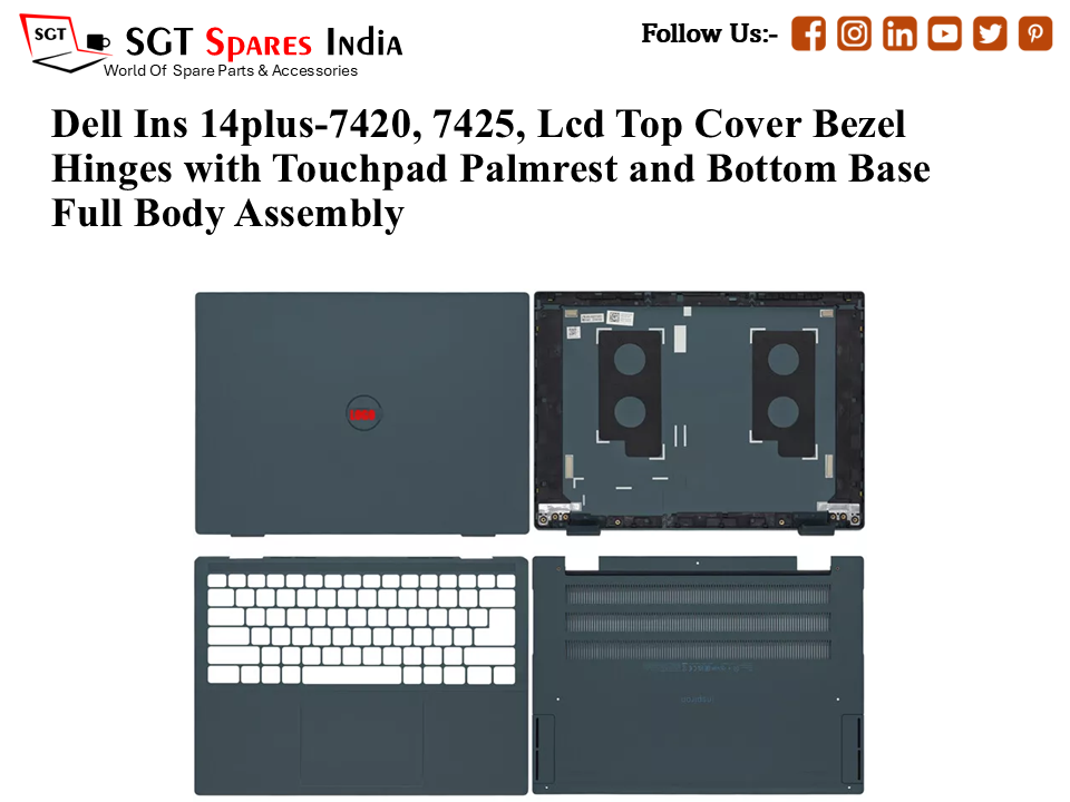 Dell Ins 14plus-7420, 7425, 0VCTGM Laptop Lcd Top Cover Bezel Hinges with Touchpad Palmrest and Bottom Base Full Body Assembly