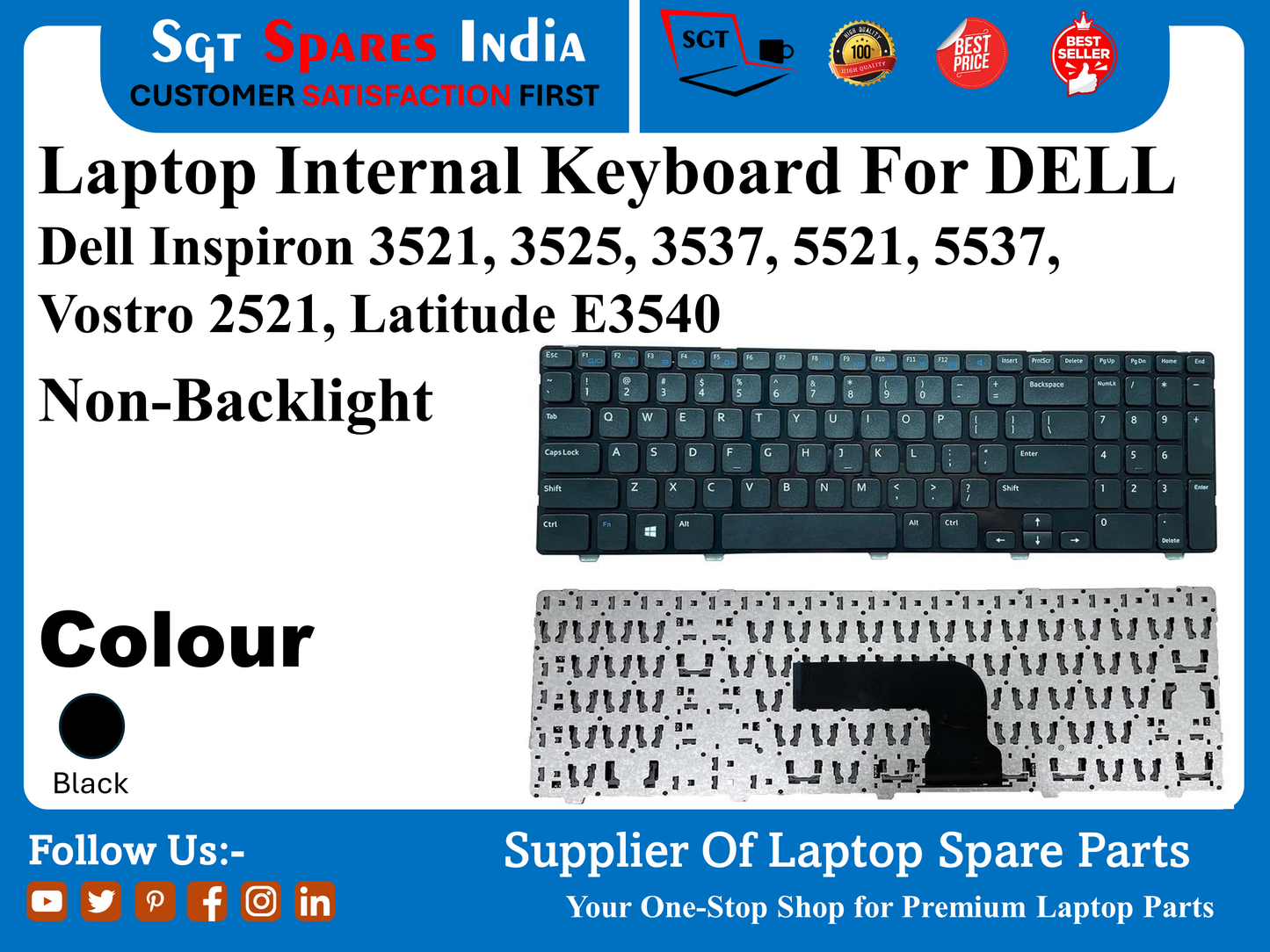 Laptop Internal Keyboard For DELL Dell Inspiron 3521, 3525, 3537, 5521, 5537, Vostro 2521, Latitude E3540 Non-Backlight Colour Black