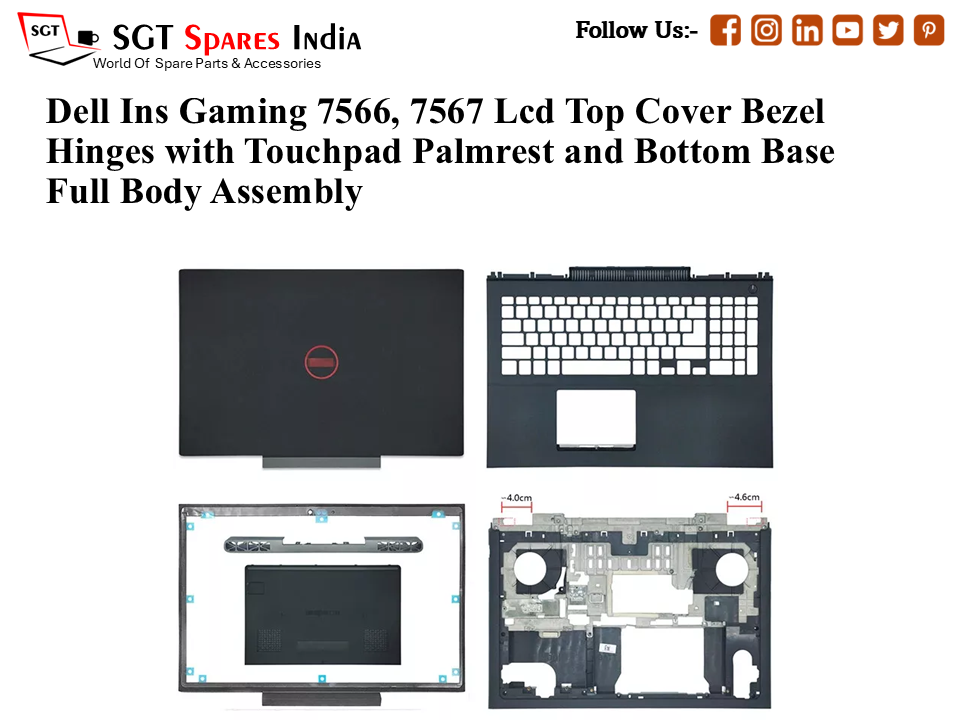 Dell Ins Gaming 7566, 7567 0R6JR9 Laptop Lcd Top Cover Bezel Hinges with Touchpad Palmrest and Bottom Base Full Body Assembly