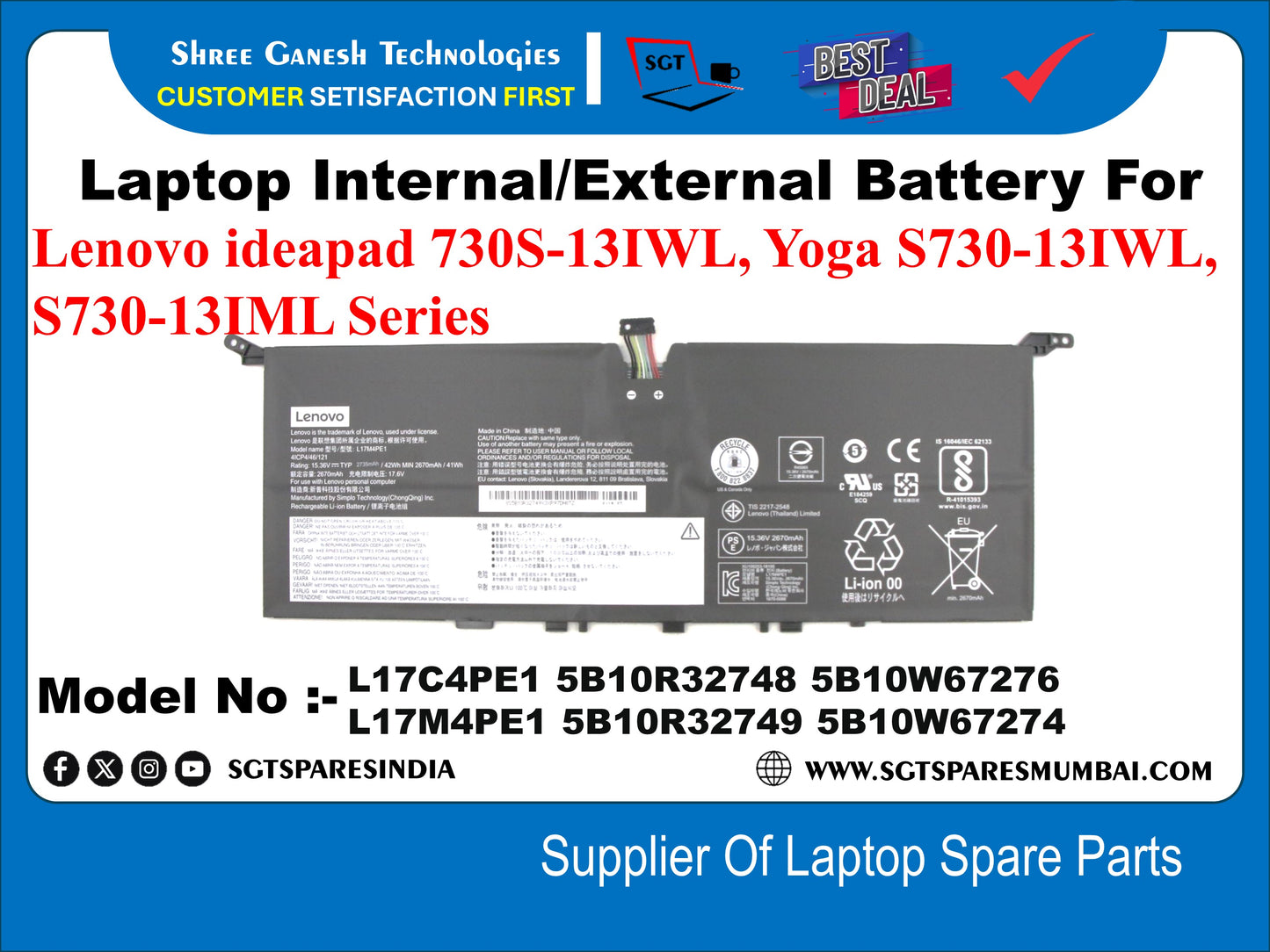 Laptop Internal Compatible Battery For Lenovo ideapad 730S-13IWL, Yoga S730-13iWL, S730-13IML Series Model No :- L17C4PE1 5B10R32748 5B10W67276 L17M4PE1 5B10R32749 5B10W67274