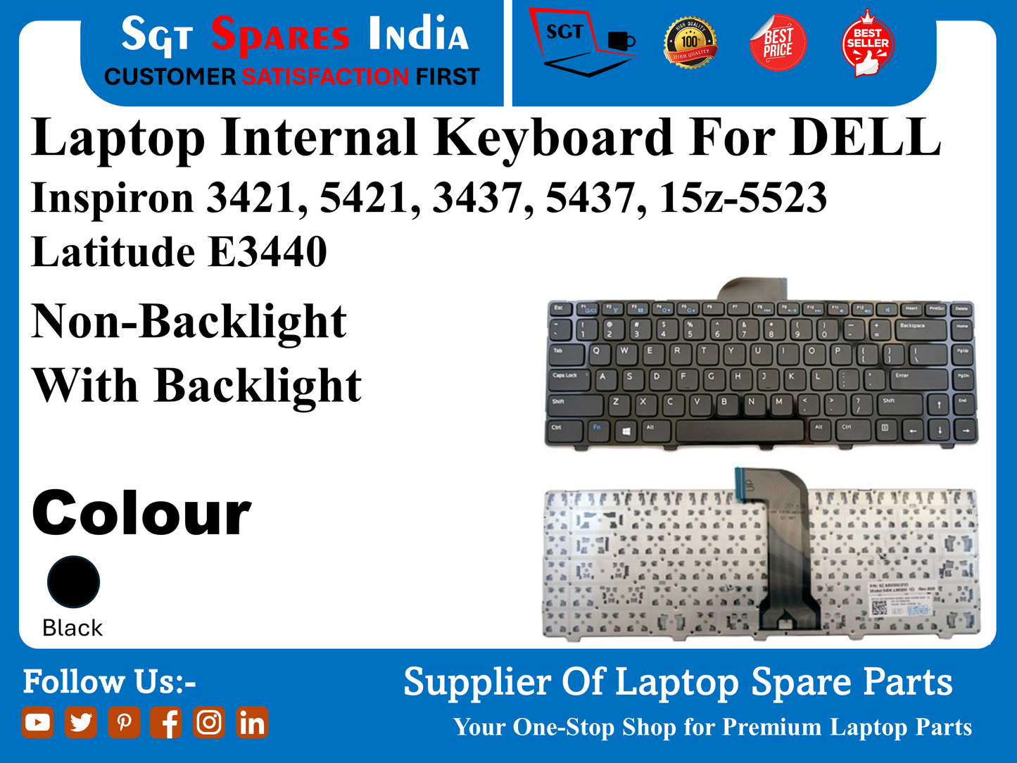 Laptop Internal Keyboard For DELL Inspiron 3421, 5421, 3437, 5437, 15z-5523 Latitude E3440 Non-Backlight With Backlight Colour Black