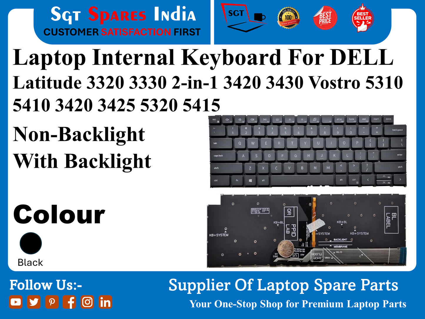 Laptop Internal Keyboard For DELL Latitude 3320 3330 2-in-1 3420 3430 Vostro 5310 5410 3420 3425 5320 5415 Non-Backlight With Backlight Colour Black