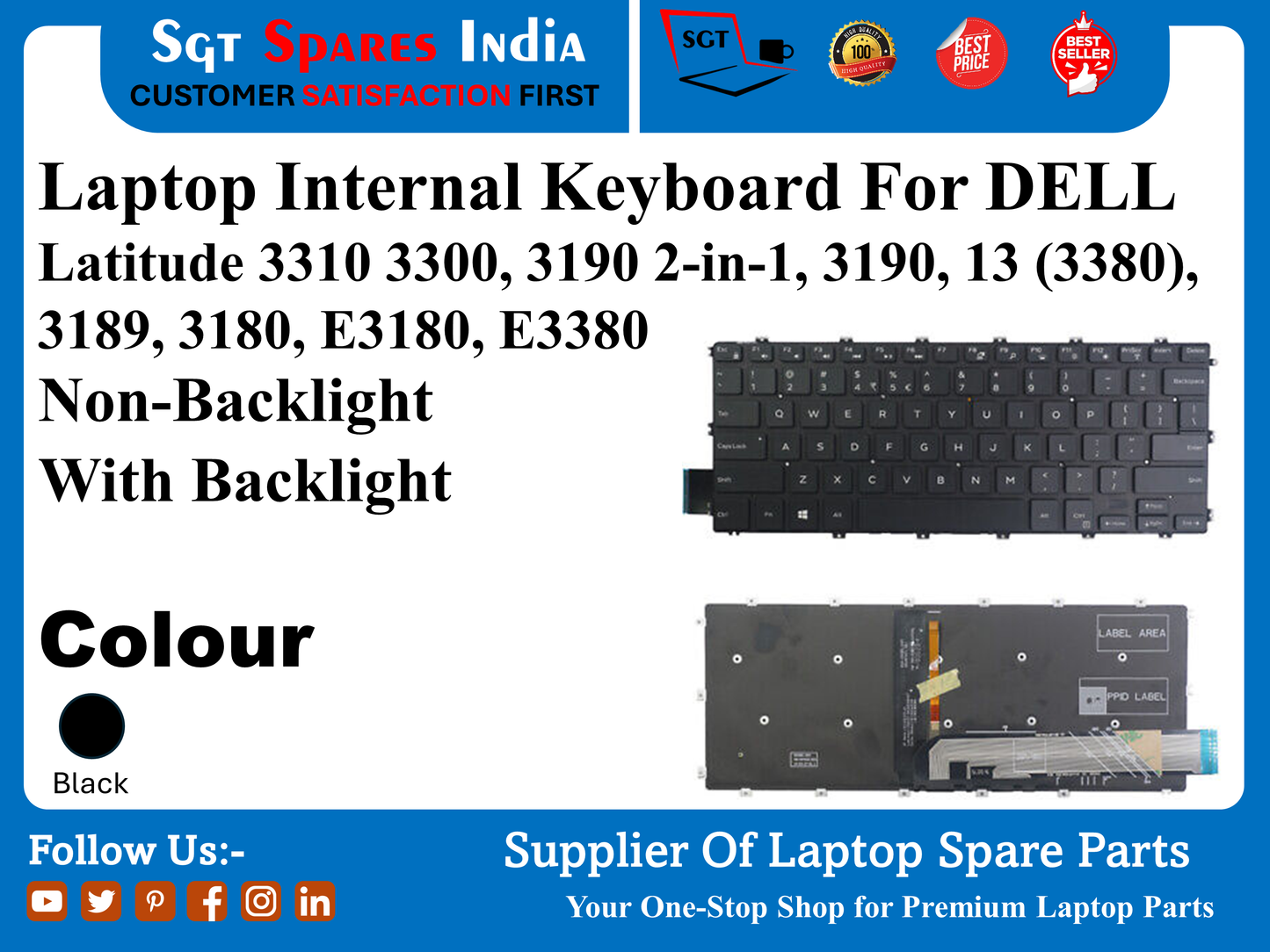 लैपटॉप इंटरनल कीबोर्ड DELL Latitude 3310 3300, 3190 2-in-1, 3190, 13 (3380), 3189, 3180, E3180, E3380 नॉन-बैकलाइट बैकलाइट के साथ काला रंग