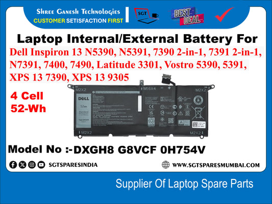 Laptop Internal Compatible Battery For Dell Inspiron 13 N5390, N5391, 7390 2-in-1, 7391 2-in-1, N7391, 7400, 7490, Latitude 3301, Vostro 5390, 5391, XPS 13 7390, XPS 13 9305 M2X2 4 Cell 52-Wh Model No :- DXGH8 G8VCF 0H754V