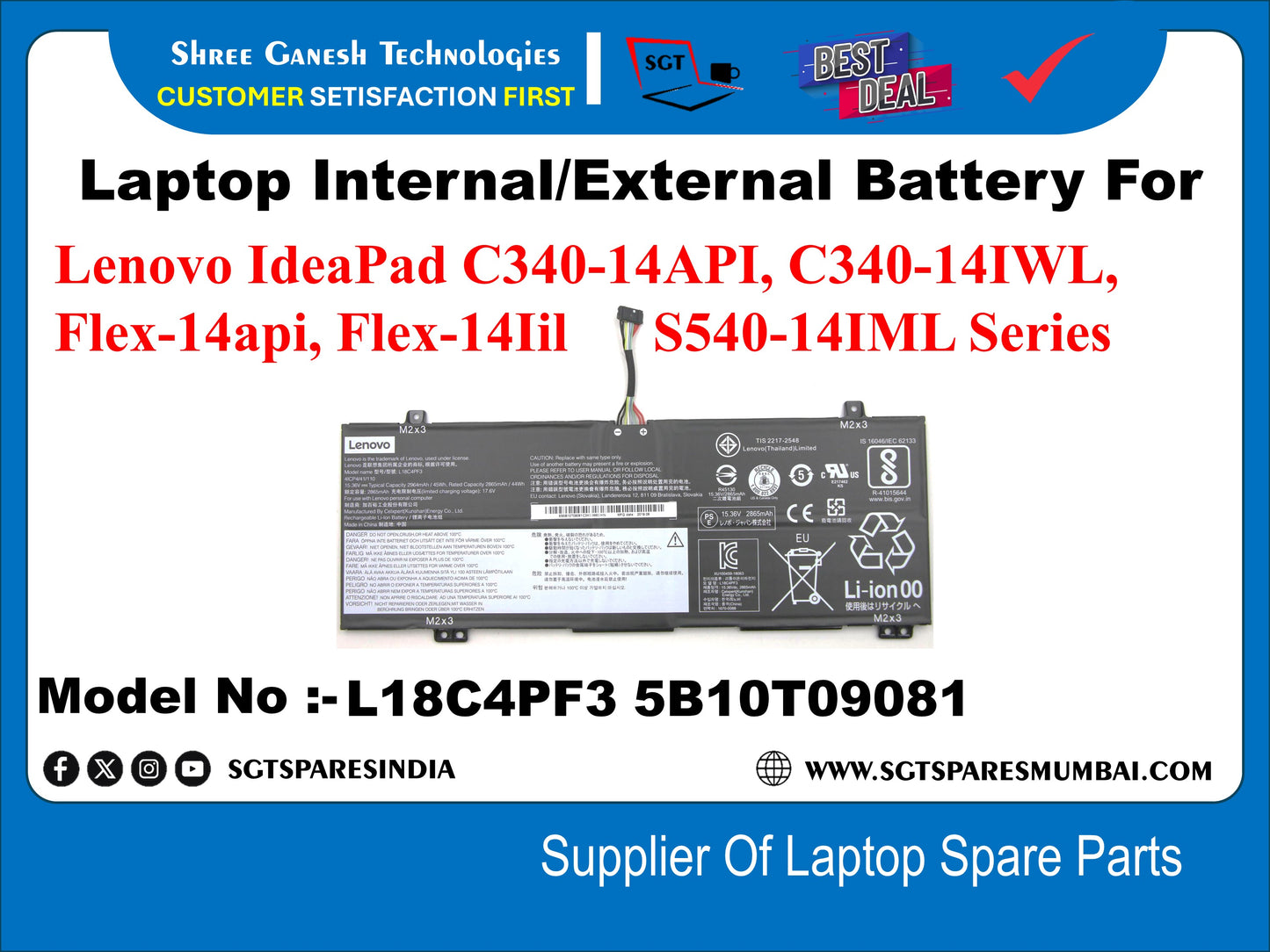 Laptop Internal Compatible Battery For Lenovo IdeaPad C340-14API, C340-14IWL, Flex-14api, Flex-14lil S540-14IML Series&nbsp; Model No :- L18C4PF3 5B10T09081