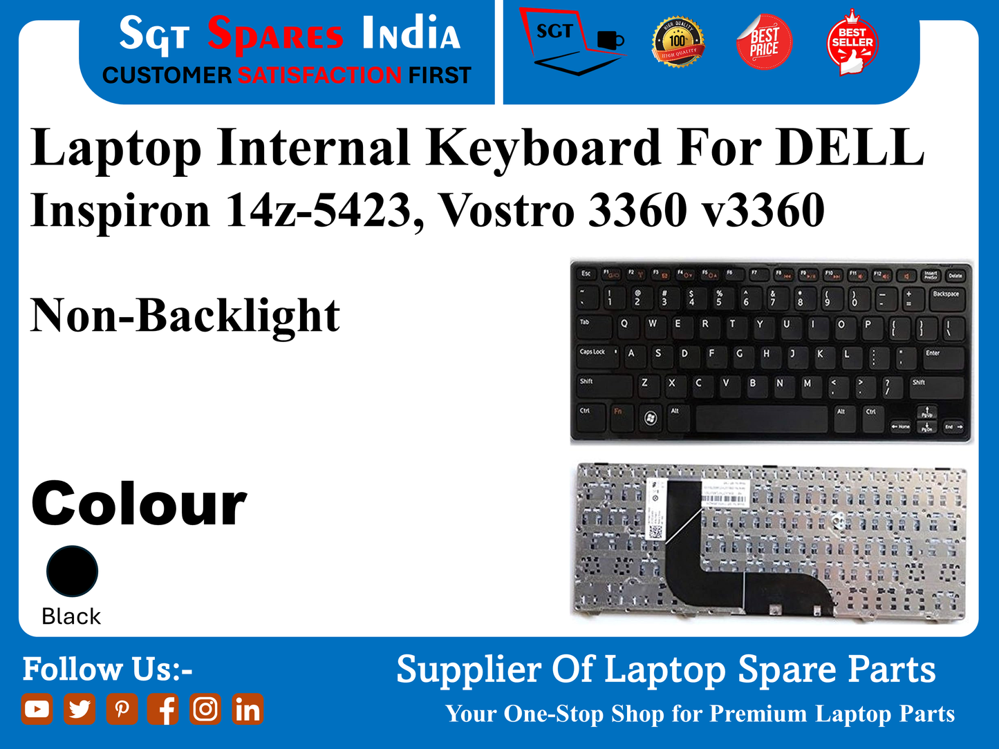 Laptop Internal Keyboard For DELL Inspiron 14z-5423, Vostro 3360 v3360 Non-Backlight Colour Black