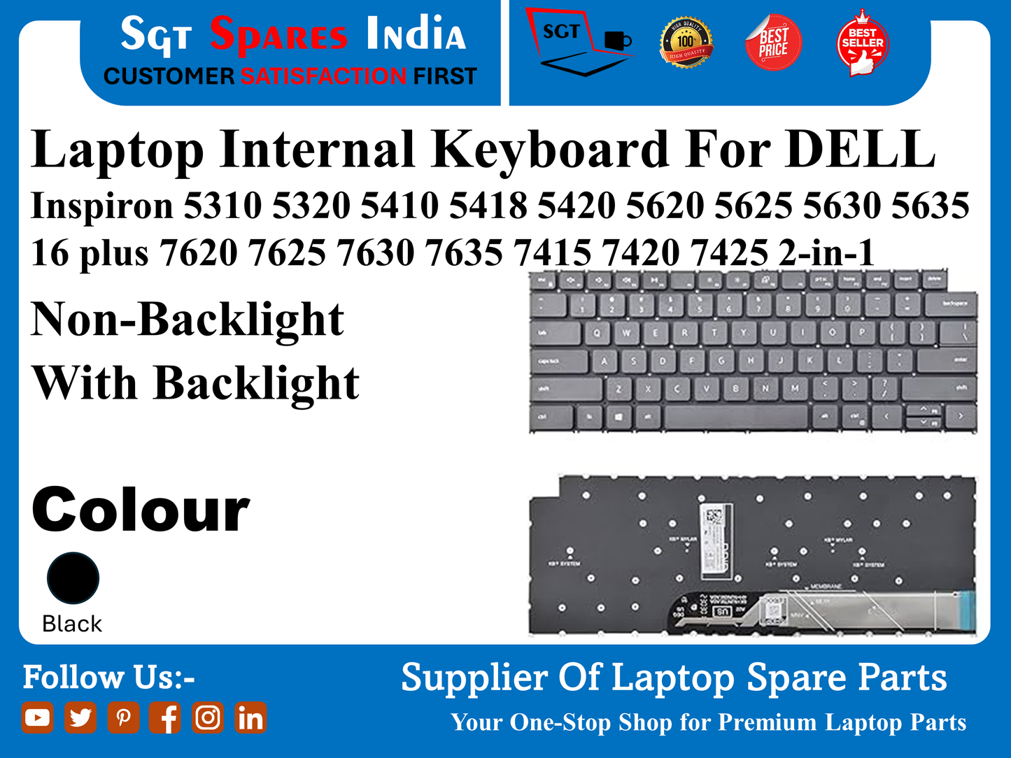 Laptop Internal Keyboard For DELL Inspiron 5310 5320 5410 5418 5420 5620 5625 5630 5635 16 plus 7620 7625 7630 7635 7415 7420 7425 2-in-1 Non-Backlight With Backlight Colour Black