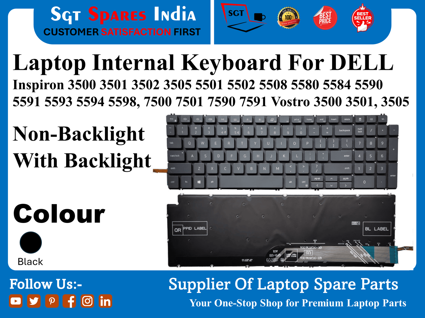 Laptop Internal Keyboard For DELL Inspiron 3500 3501 3502 3505 5501 5502 5508 5580 5584 5590 5591 5593 5594 5598, 7500 7501 7590 7591 Vostro 3500 3501, 3505 Non-Backlight With Backlight Colour Black