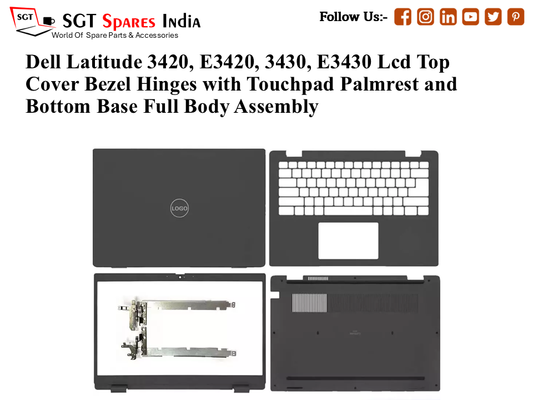 Dell Latitude 3420, E3420, 3430, E3430, 02KP4R Laptop Lcd Top Cover Bezel Hinges with Touchpad Palmrest and Bottom Base Full Body Assembly