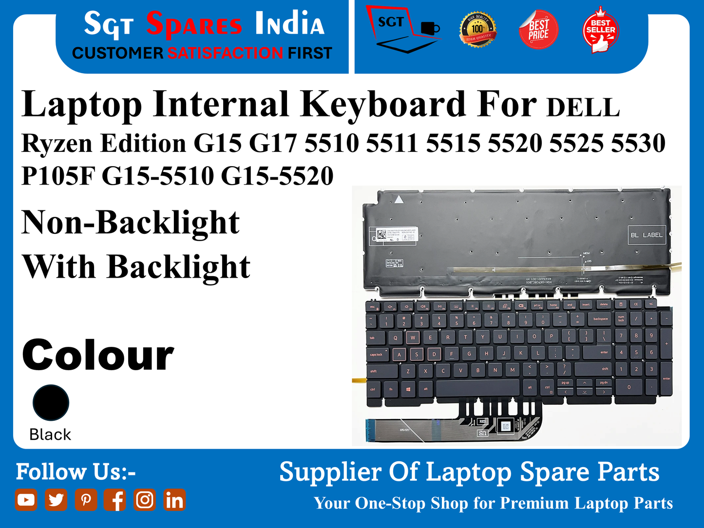 Laptop Internal Keyboard For DELL Ryzen Edition G15 G17 5510 5511 5515 5520 5525 5530 P105F G15-5510 G15-5520 Non-Backlight With Backlight Colour Black