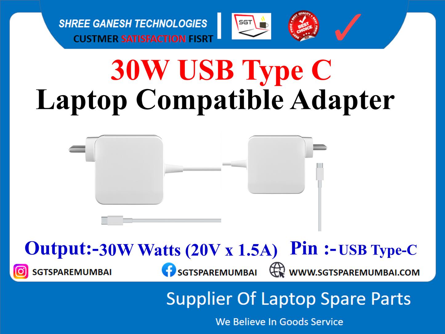 30W USB Type C Laptop Compatible Adapter