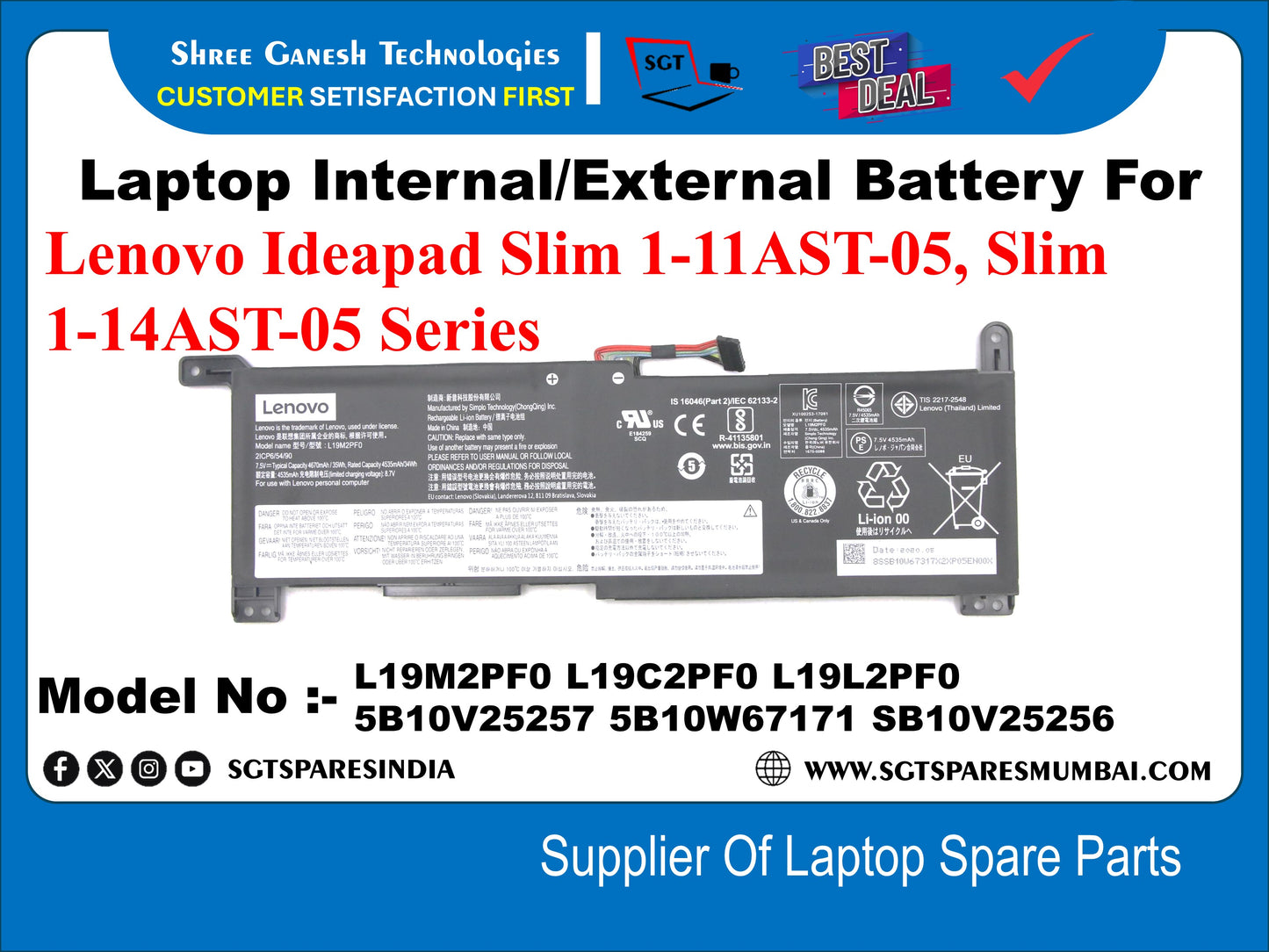 Laptop Internal Compatible Battery For Lenovo Ideapad Slim 1-11AST-05, Slim 1-14AST-05 Series L19M2PFO L19C2PFO L19L2PFO Model No :- 5810V25257 5B10W67171 5B10V25256