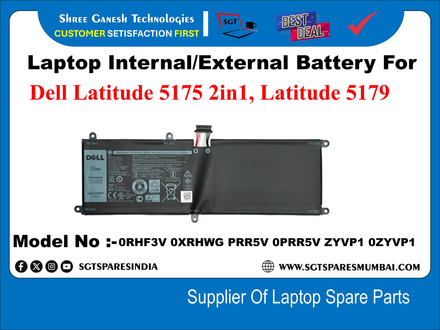 Laptop Internal Compatible Battery For Dell Latitude 5175 2in1, Latitude 5179 Model No :- ORHF3V 0XRHWG PRR5V OPRR5V ZYVP1 OZYVP1