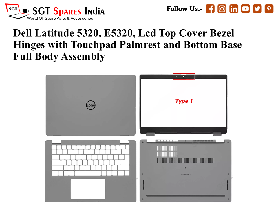 Dell Latitude 5320, E5320, 0G2DGV Laptop Lcd Top Cover Bezel Hinges with Touchpad Palmrest and Bottom Base Full Body Assembly