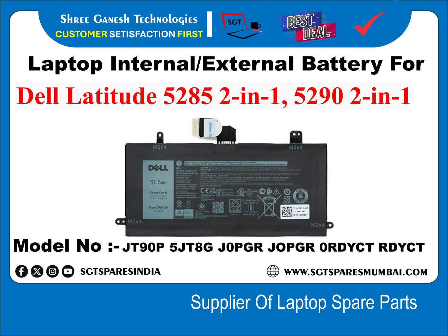 Laptop Internal Compatible Battery For Dell Latitude 5285 2-in-1, 5290 2-in-1 DELL 31.5vn Model No :- JT90P 5JT8G JOPGR JOPGR ORDYCT RDYCT