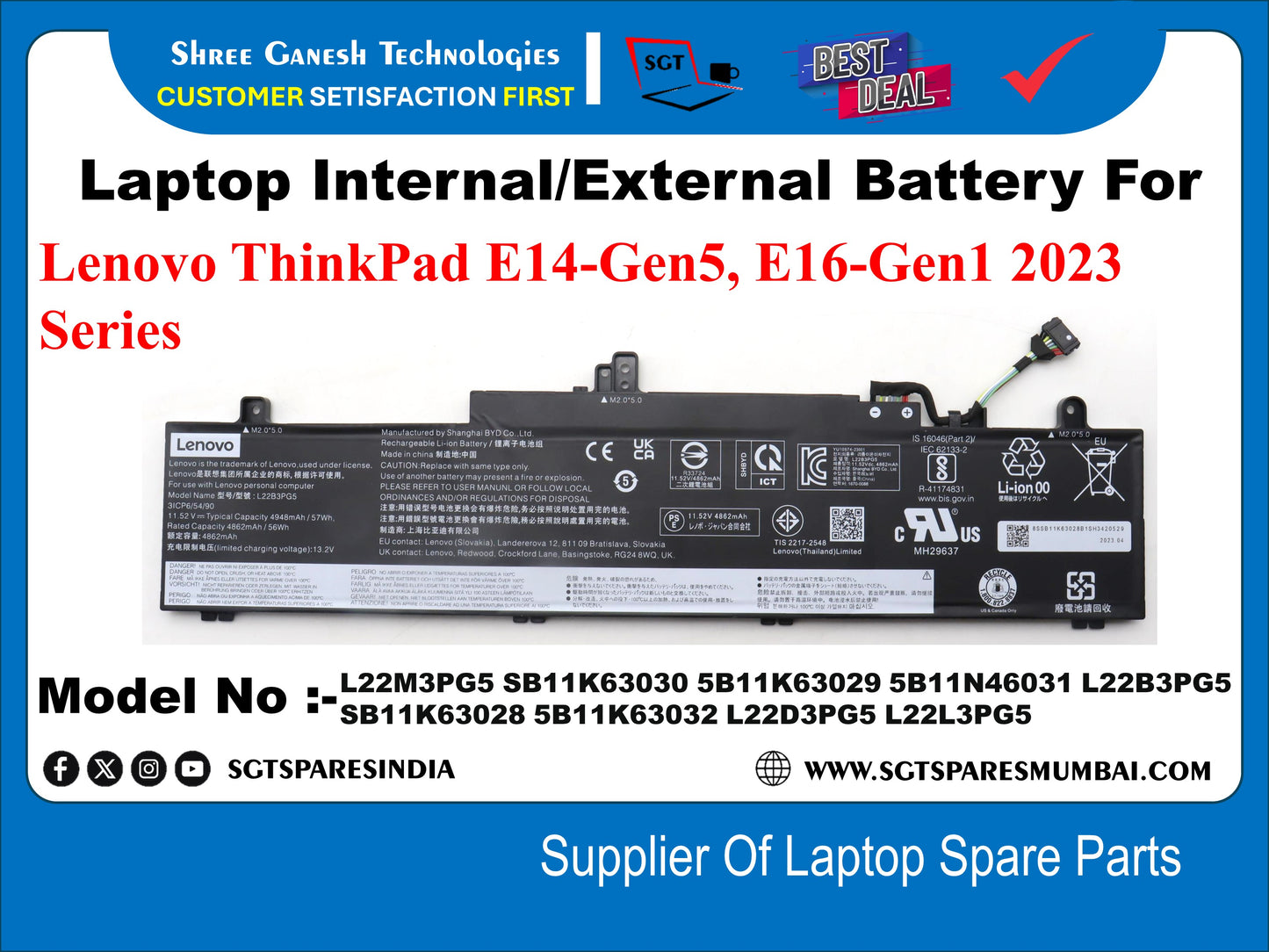 Laptop Internal Comaptible Battery For Lenovo ThinkPad E14-Gen5, E16-Gen1 2023 Series US L22M3PG5 SB11K63030 5B11K63029 5B11N46031 L22B3PG5 S8113P3028 5841K63032 122D33023 E2113P46031 L22L3PG5