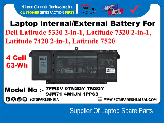 Laptop Internal Compatible Battery For Dell Latitude 5320 2-in-1, Latitude 7320 2-in-1, Latitude 7420 2-in-1, Latitude 7520 4 Cell 63-Wh&nbsp; Model No: - 7FMXV OTN2GY TN2GY 9JM71 4M1JN 1PP63